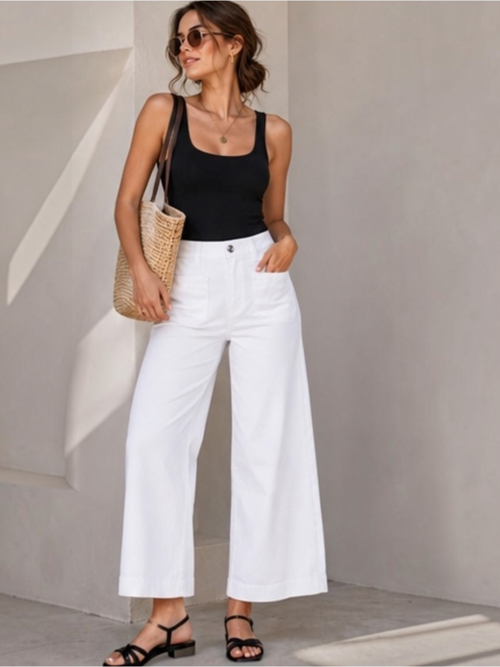 SPANX Supersmooth White Stretch Twill Cropped Wide Leg Pants Patch Pockets L